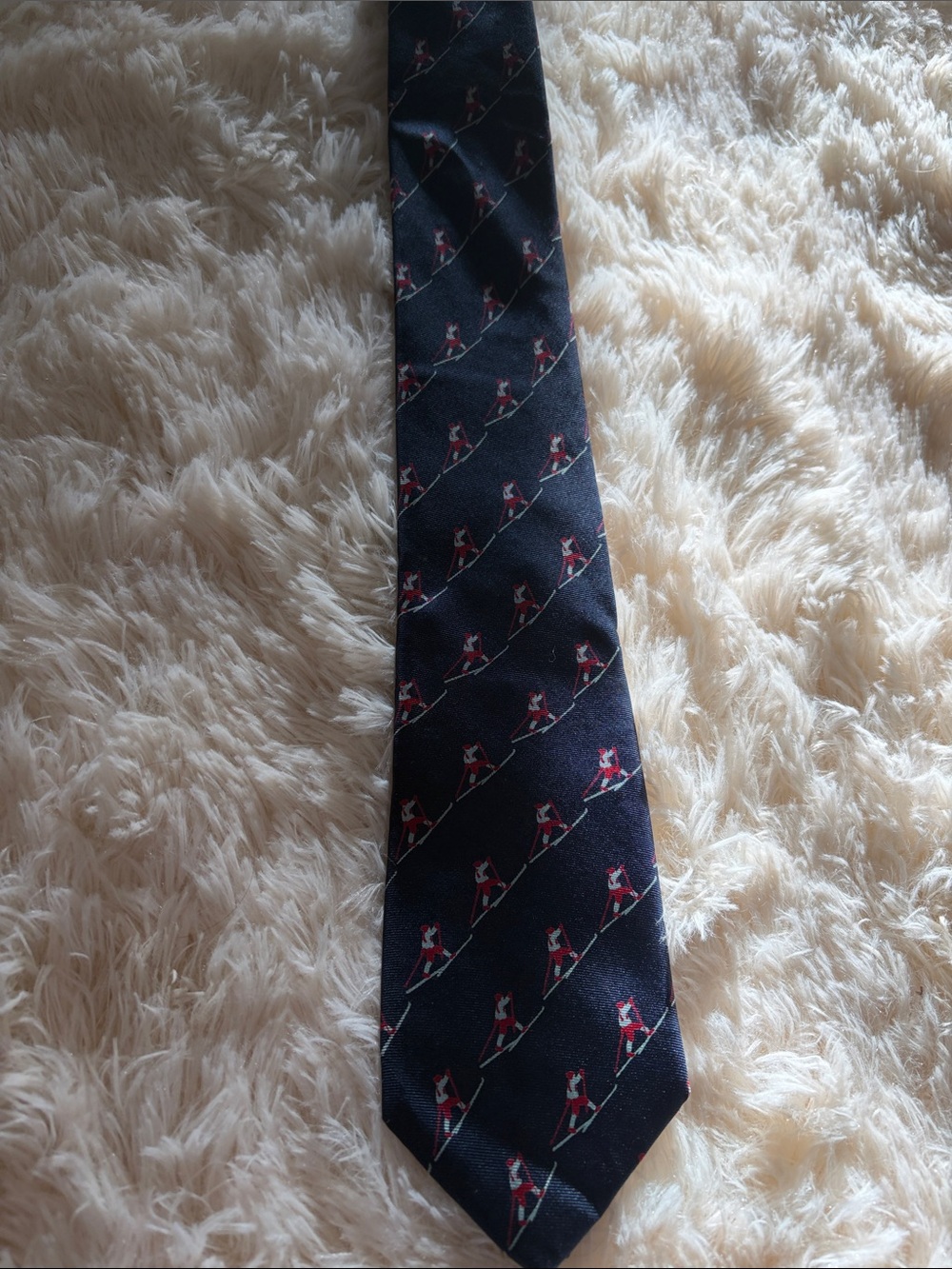 Horchow Navy Silk Tie with Red Skiing Motif